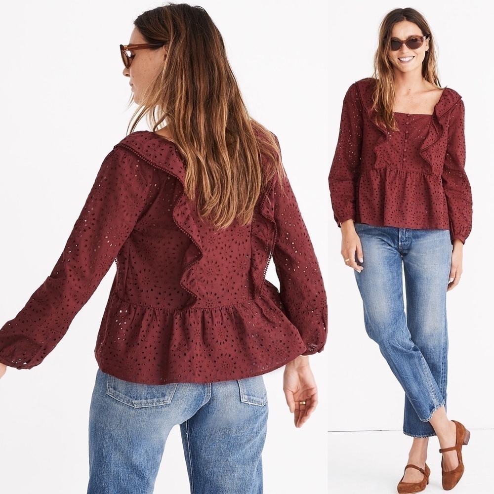 Madewell Burgundy Eyelet Ruffle Peplum Blouse